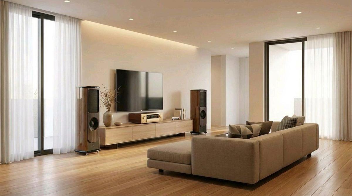 Electrostatic speakers in a modern living room